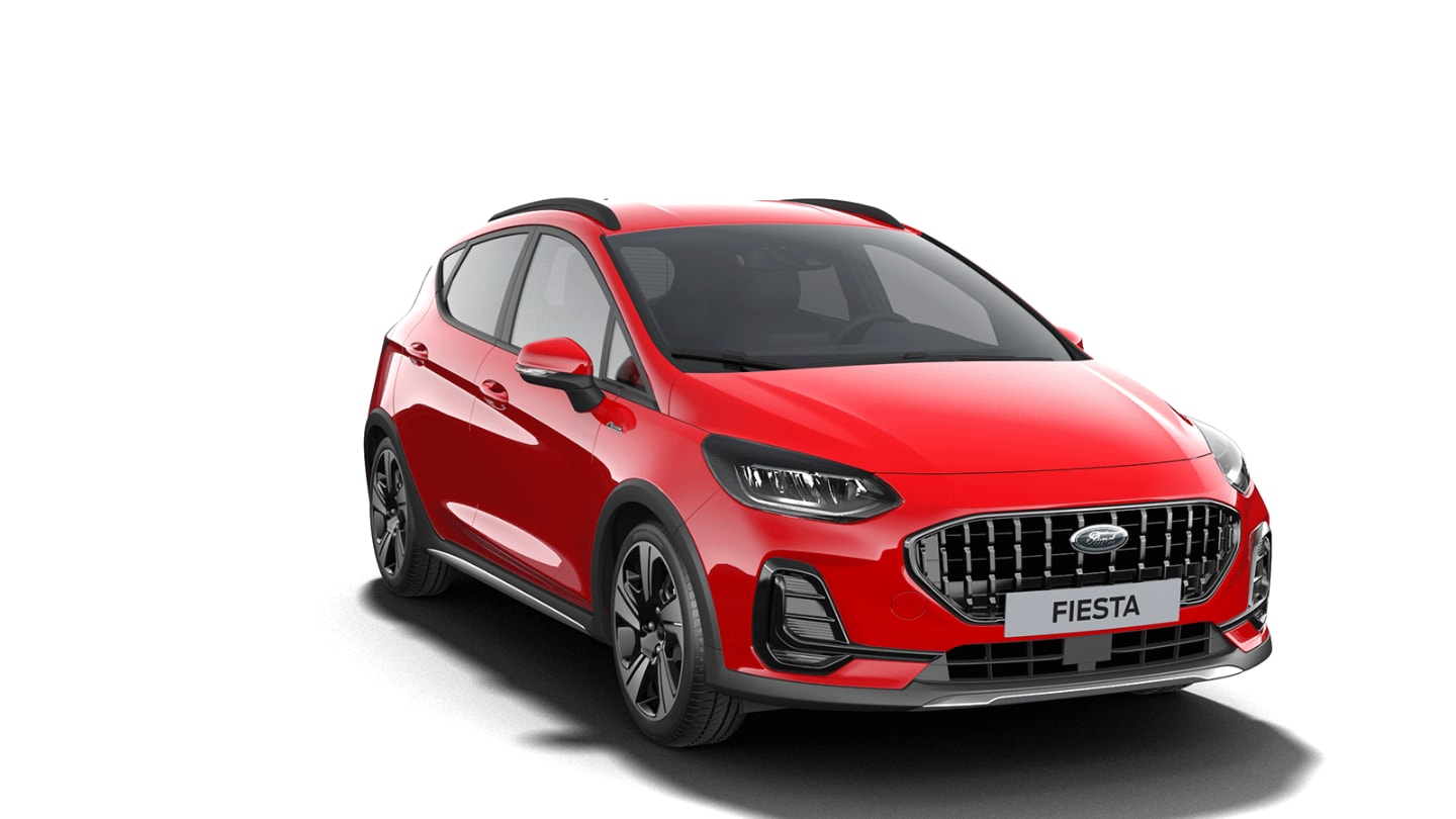Red Ford Fiesta Active X from 3/4 front angle