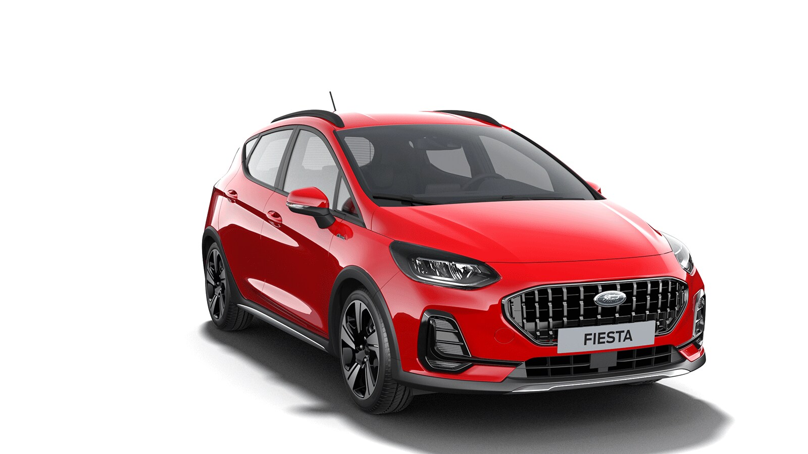 Red Ford Fiesta Active from 3/4 front angle