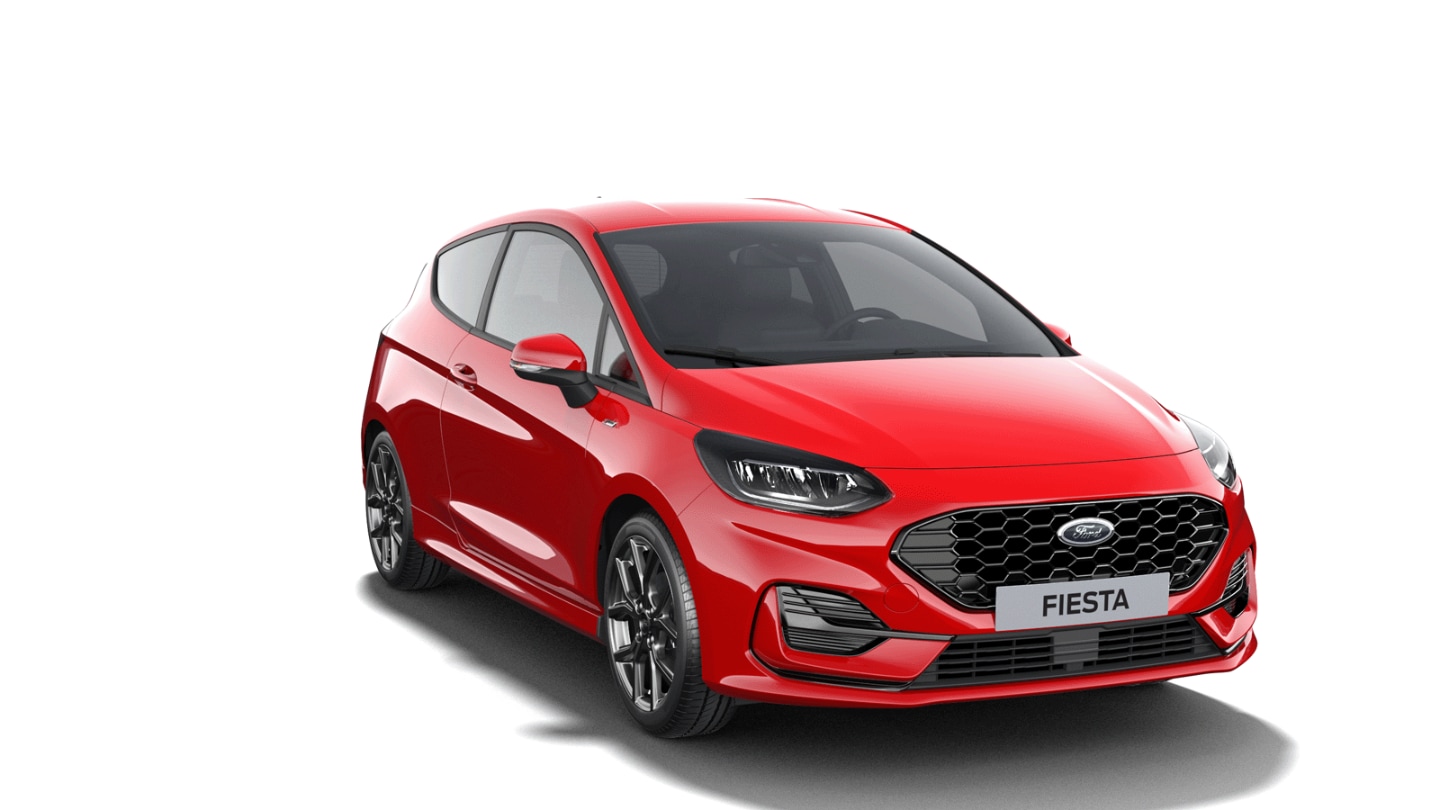 Red Ford Fiesta ST-Line X from 3/4 front angle