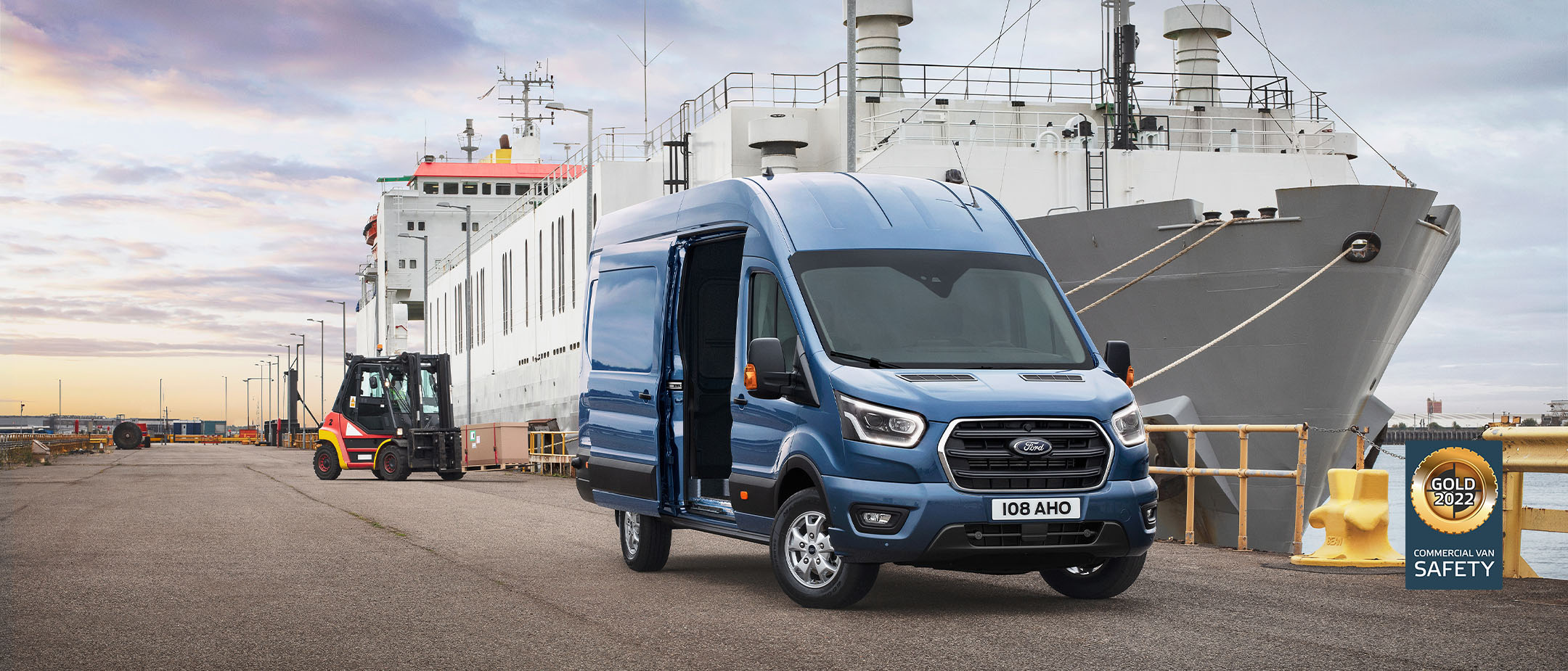 New Blue Ford Transit Van parked outside ship