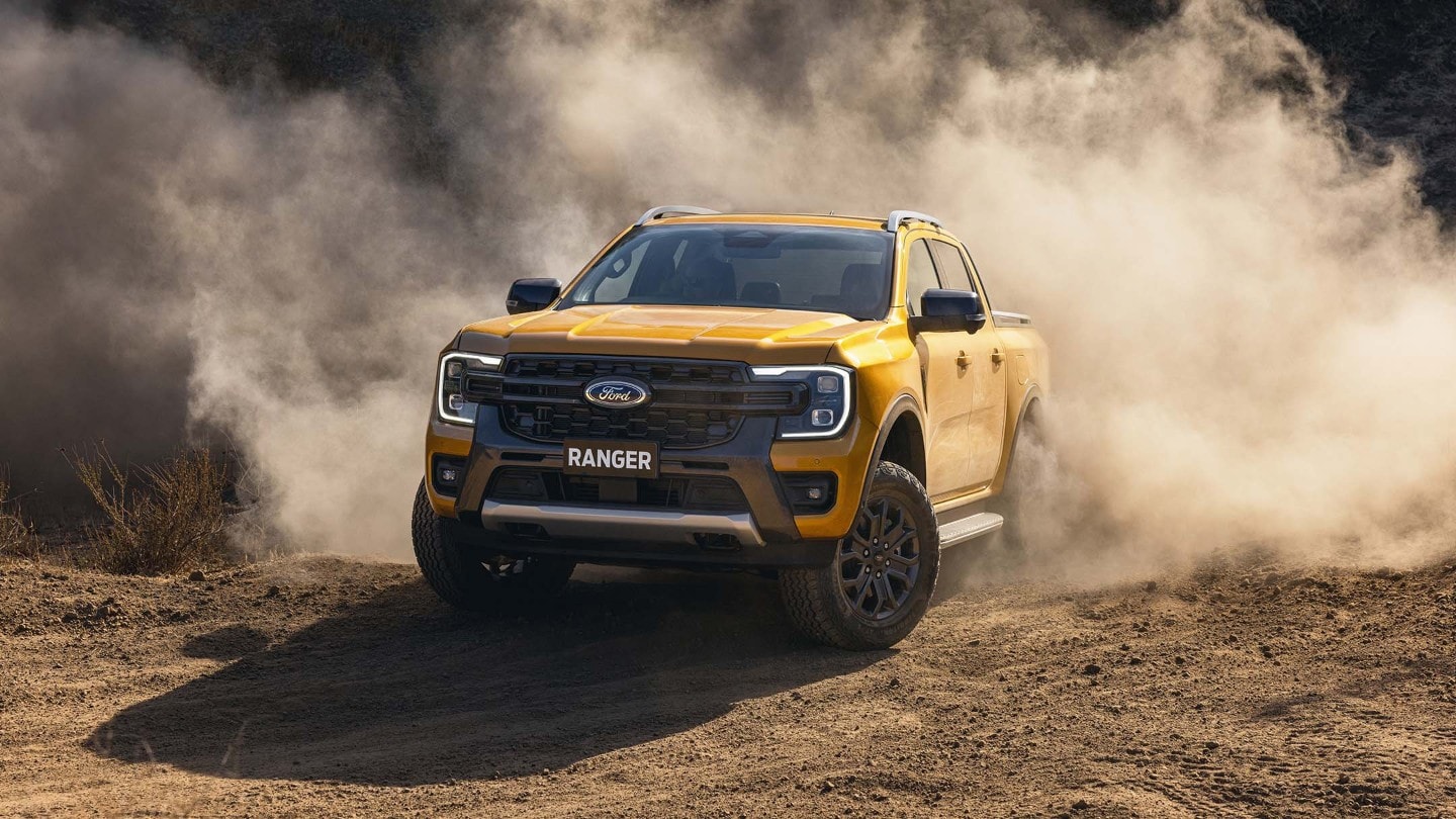 New Ford Ranger Raptor driving in dust