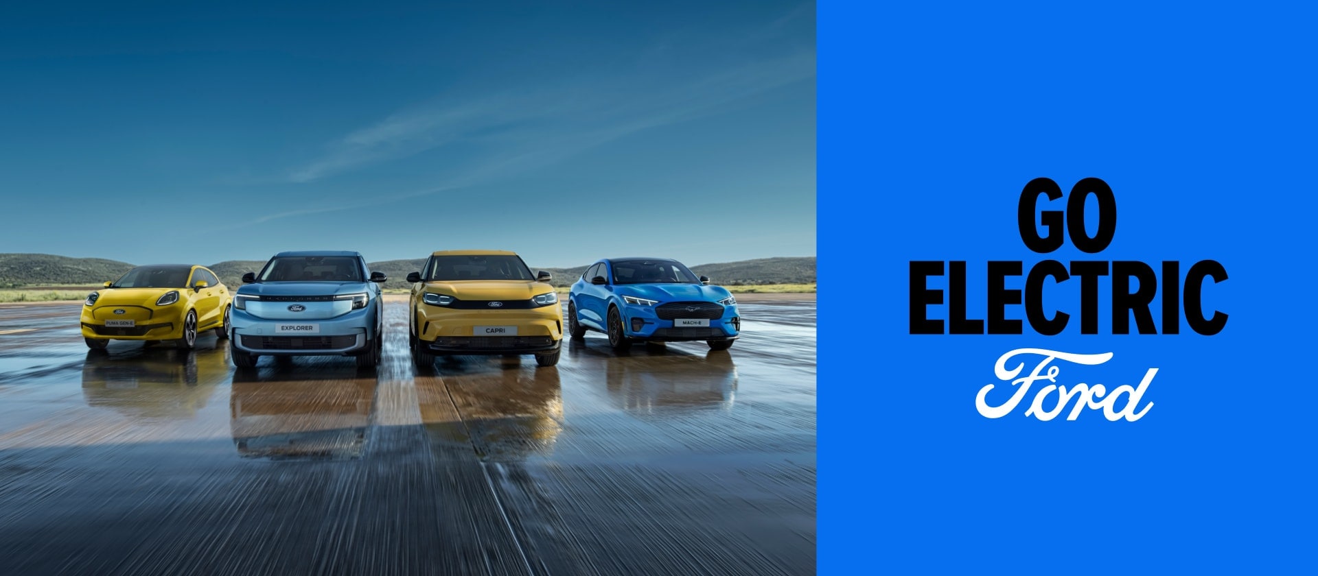 Ford Puma Gen-E, Ford Explorer, Ford Capri e Ford Mustang Mach-E em fila ao lado de um gráfico Go Electric em um fundo azul.