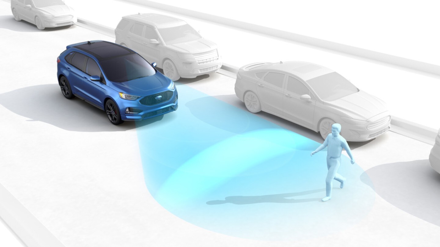 Gráfico que mostra a funcionalidade da Assistência Pré-Colisão e um carro azul a detetar um peão através de uma câmara.