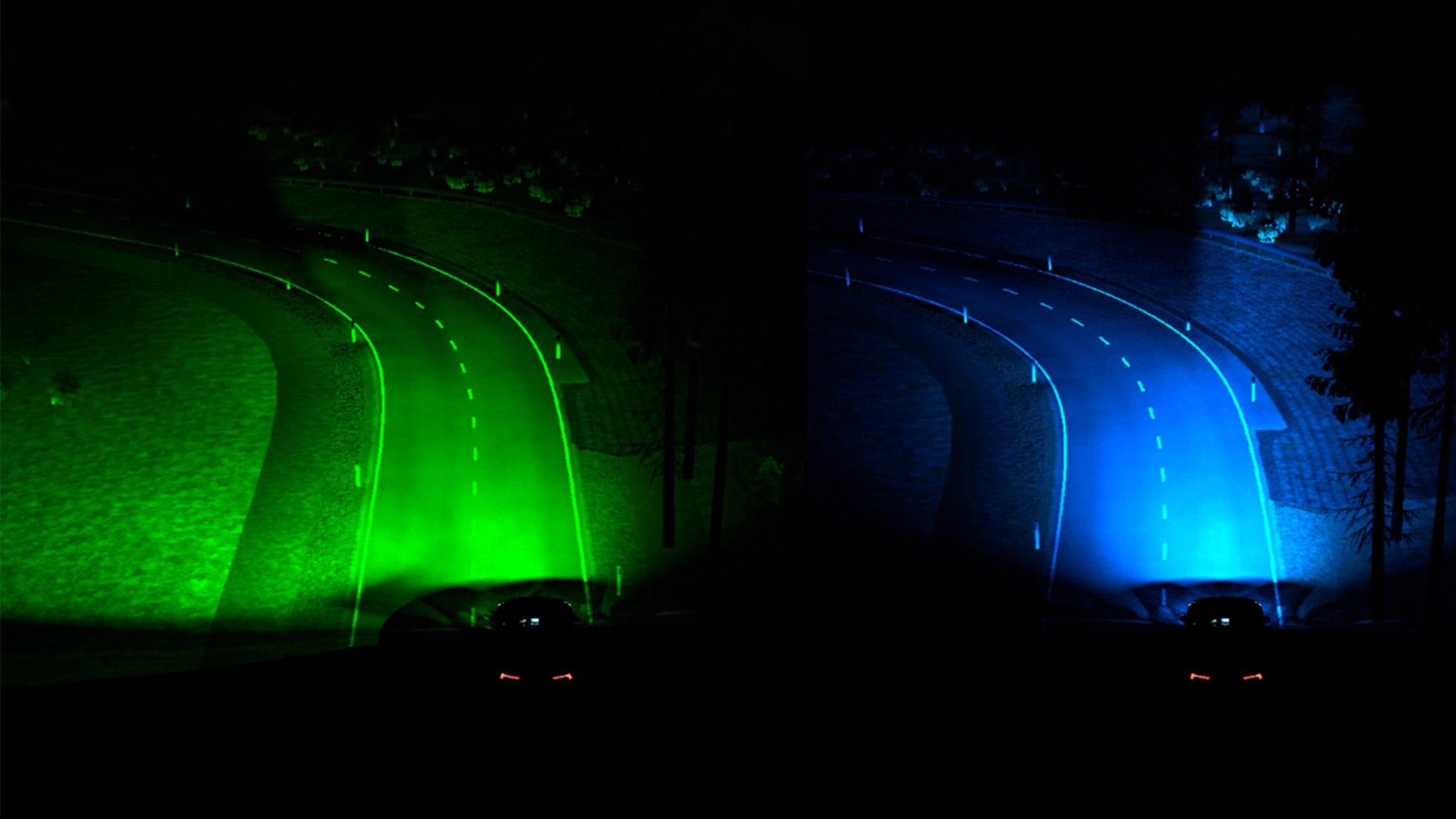 Duas imagens demonstrativas dos faróis dinâmicos em curva preditivos, uma com luz verde e outra com luz azul.