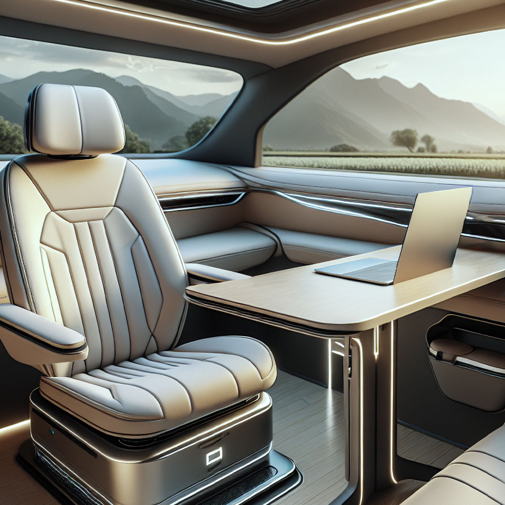 Interior do carro com assento giratório e mesa