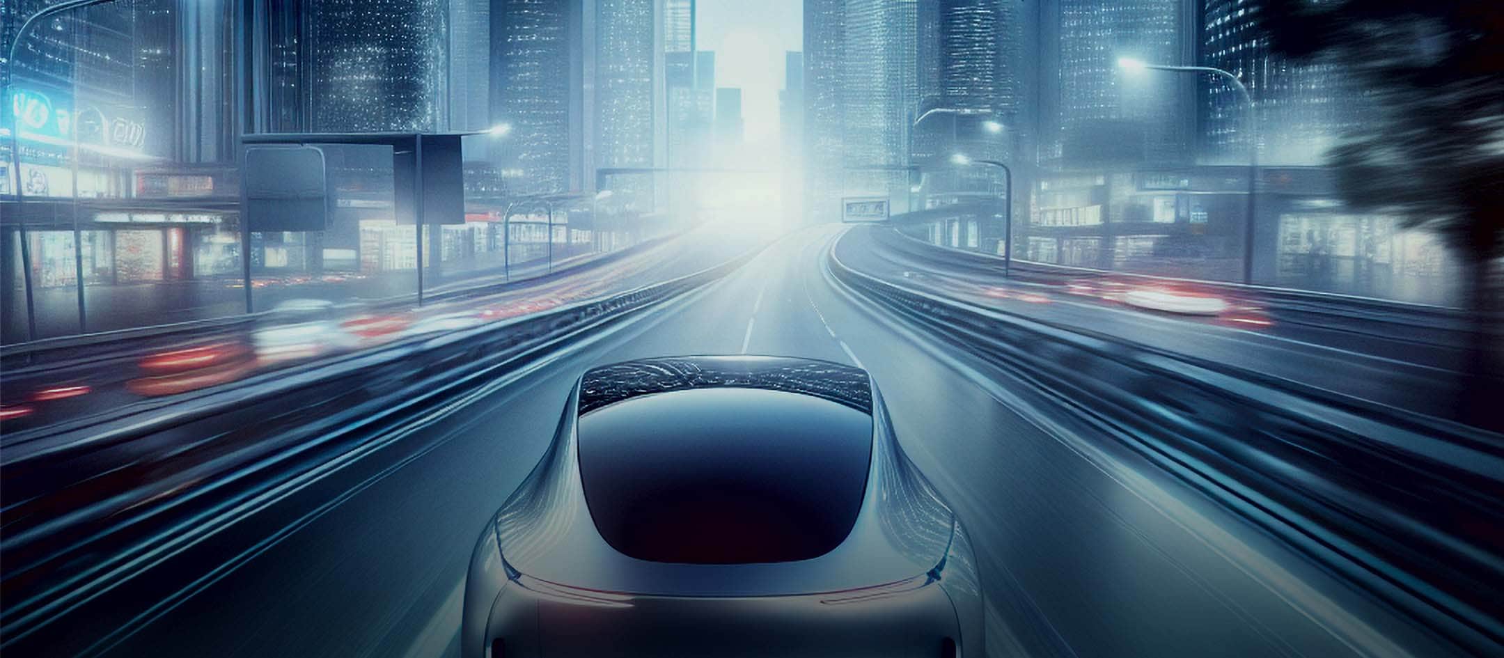Veículo futurista dirigindo em uma estrada urbana à noite