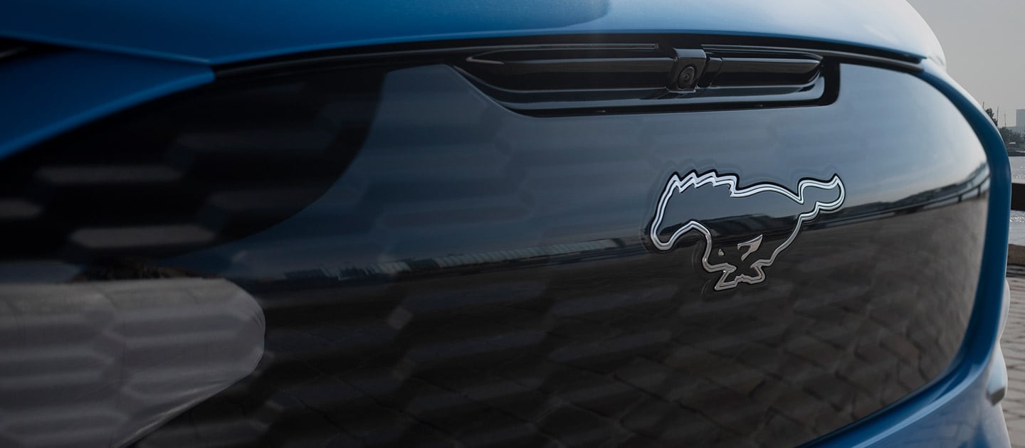 Imagem em close do badge Ford Mustang Mach-E.