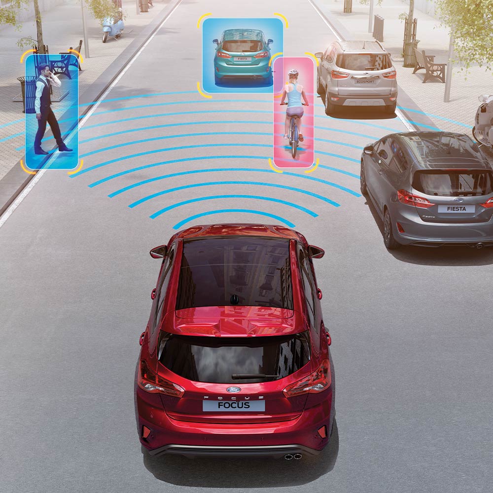 Ilustração de um Ford Focus vermelho com gráficos que retratam os seus sistemas de segurança e assistência ao condutor, incluindo o Pre-Collision Assist.
