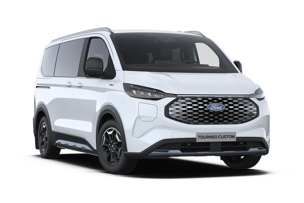 Ângulo dianteiro esquerdo de um Ford E-Tourneo Custom Active branco.