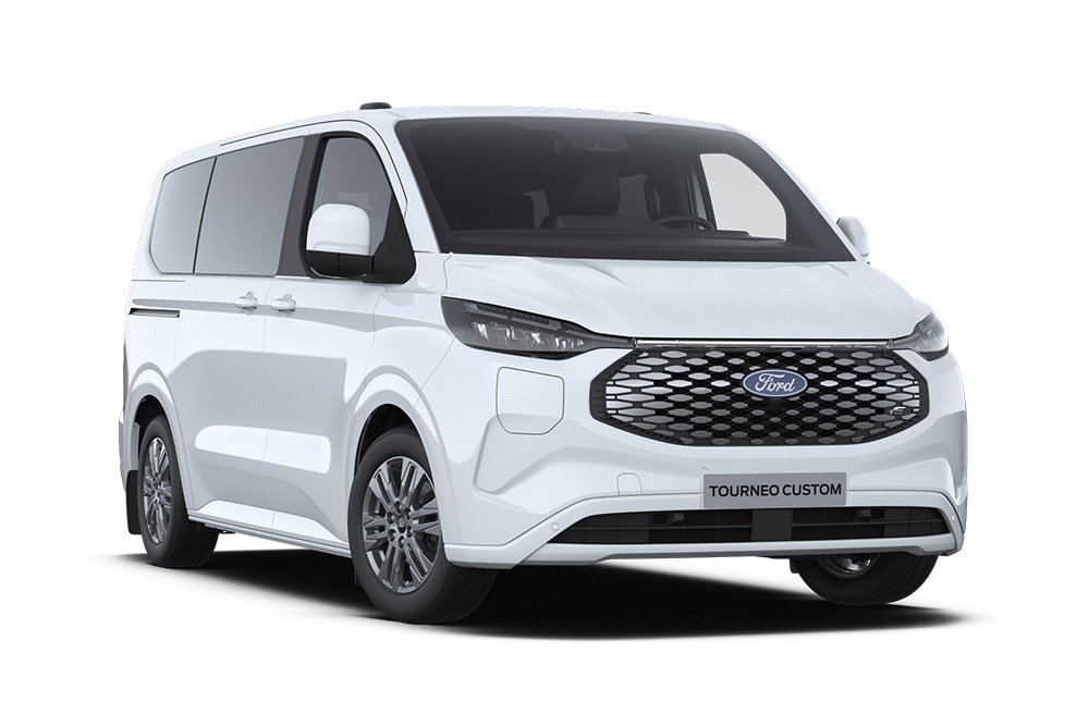 Ângulo dianteiro esquerdo de um Ford E-Tourneo Custom Titanium branco.