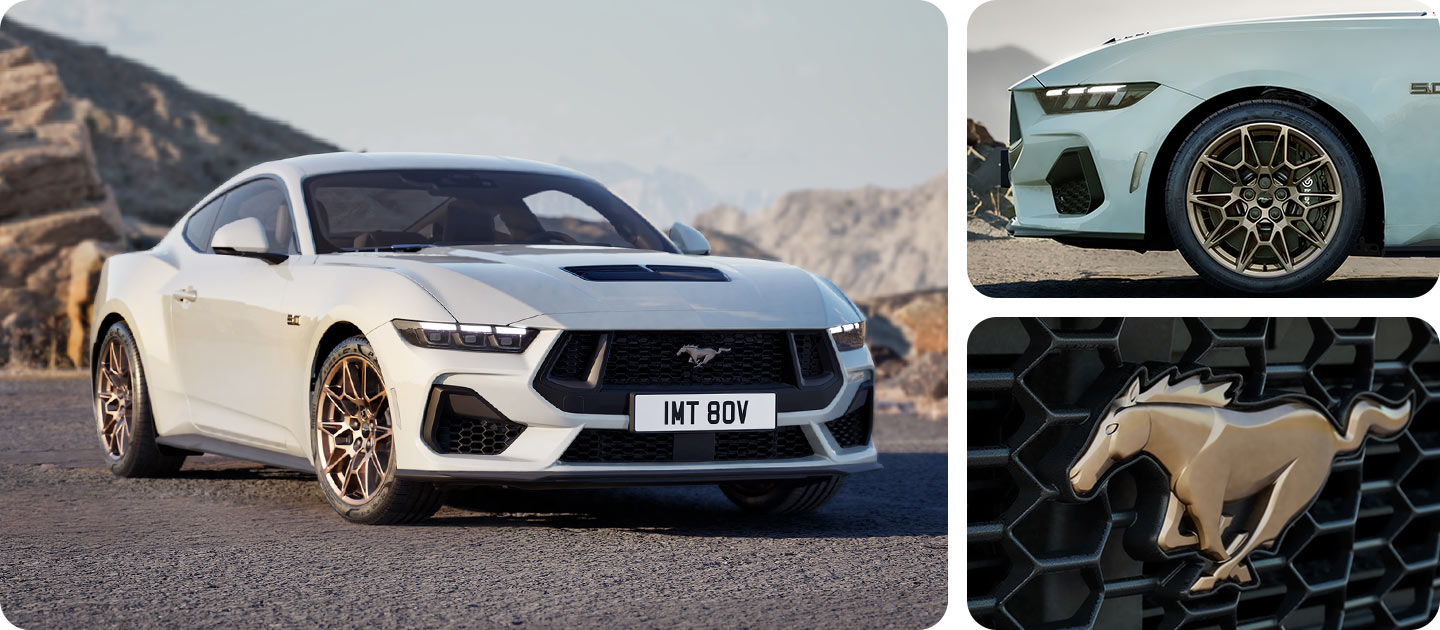 Três fotografias numa grelha que mostram um Ford Mustang GT Coupe branco com Bronze Pack numa estrada de montanha.