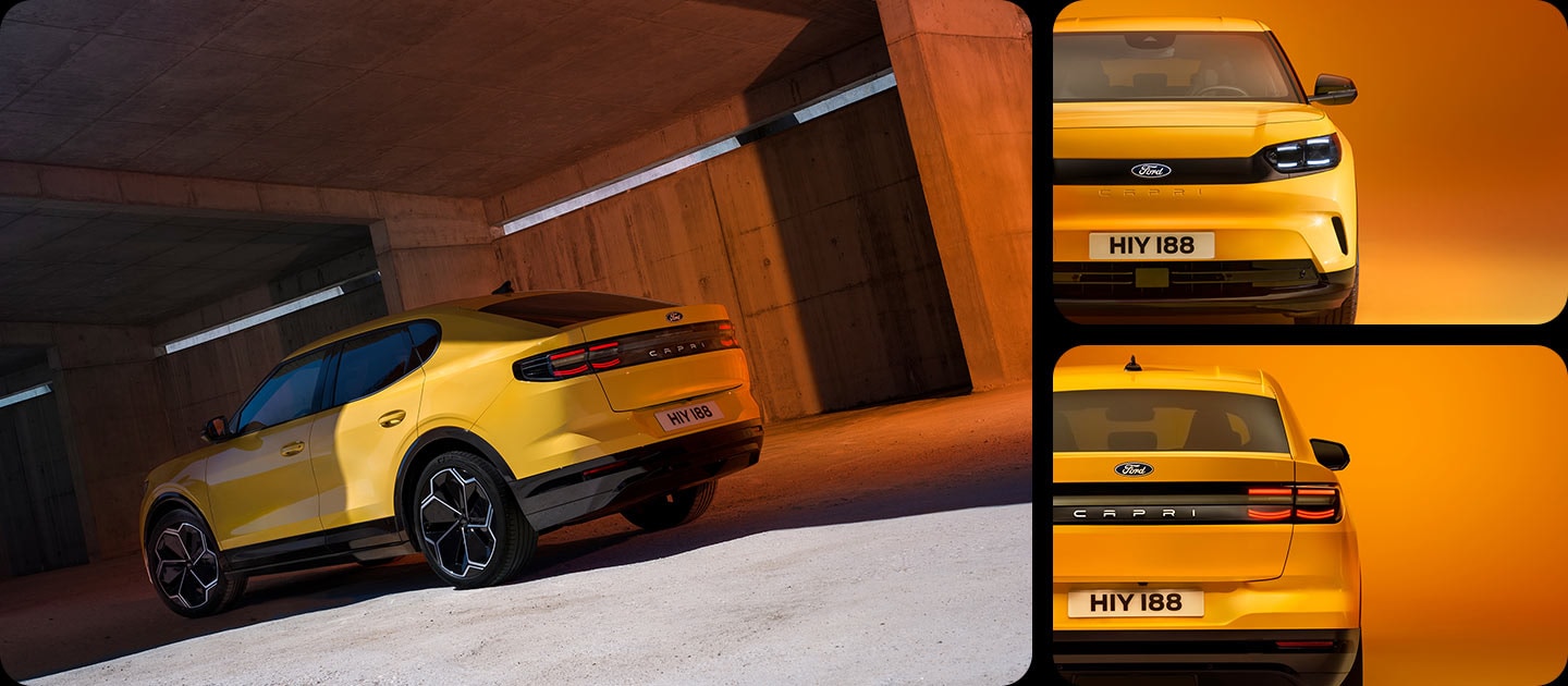Grelha fotográfica do novo design do Ford Capri®. Os grandes planos mostram o emblema Ford na frente e na traseira, mais as letras CAPRI. 