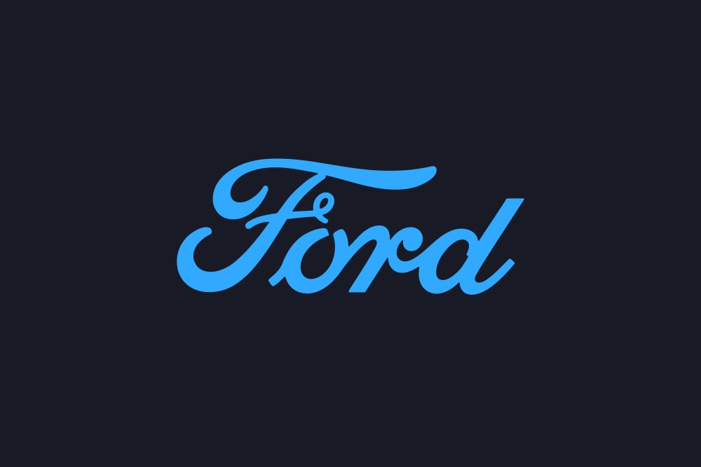 Logótipo Ford script azul em fundo azul escuro.
