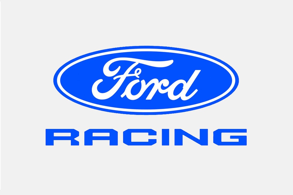 O logótipo oficial da Ford Racing sobre um fundo branco.
