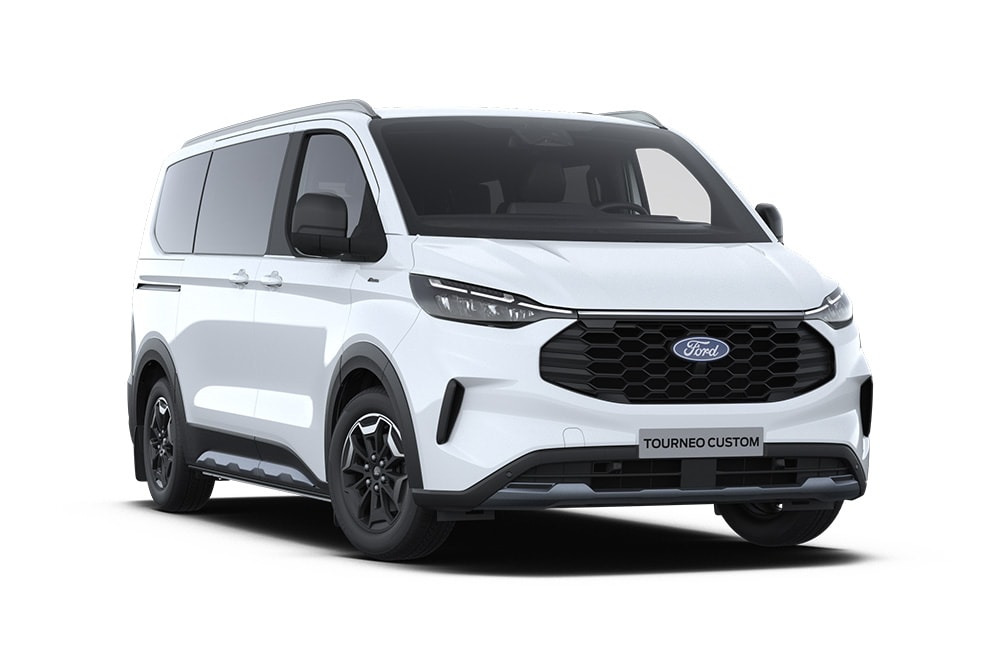 Ângulo dianteiro esquerdo de um Ford Tourneo Custom Active branco.