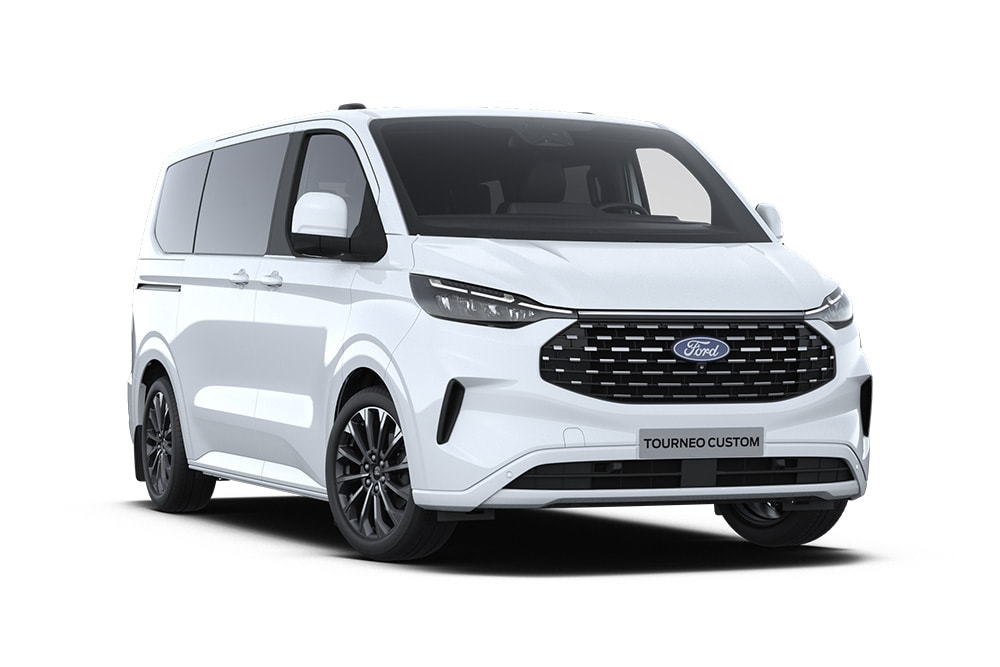 Ângulo dianteiro esquerdo de um Ford Tourneo Custom Titanium X branco.