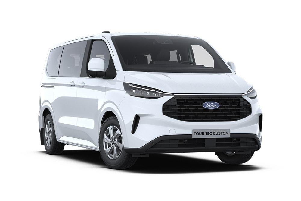 Ângulo dianteiro esquerdo de um Ford Tourneo Custom Trend branco.