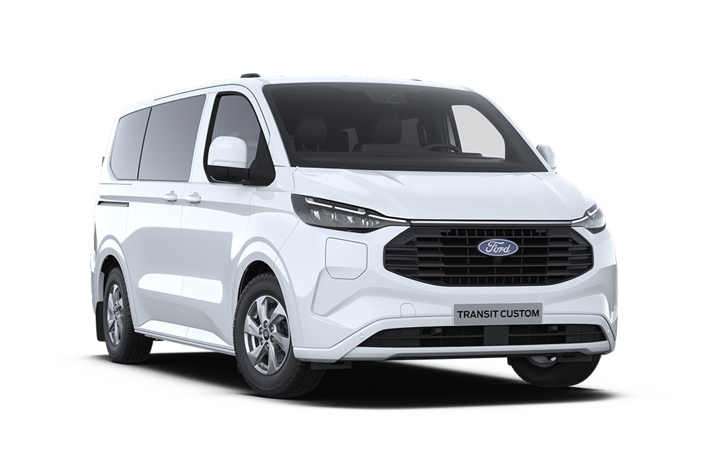Ford E-Transit Custom Kombi branca, vista da parte dianteira em ângulo.