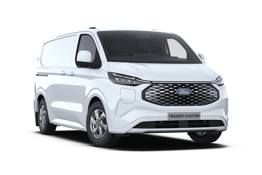 Ford E-Transit Custom branca, vista da parte dianteira.