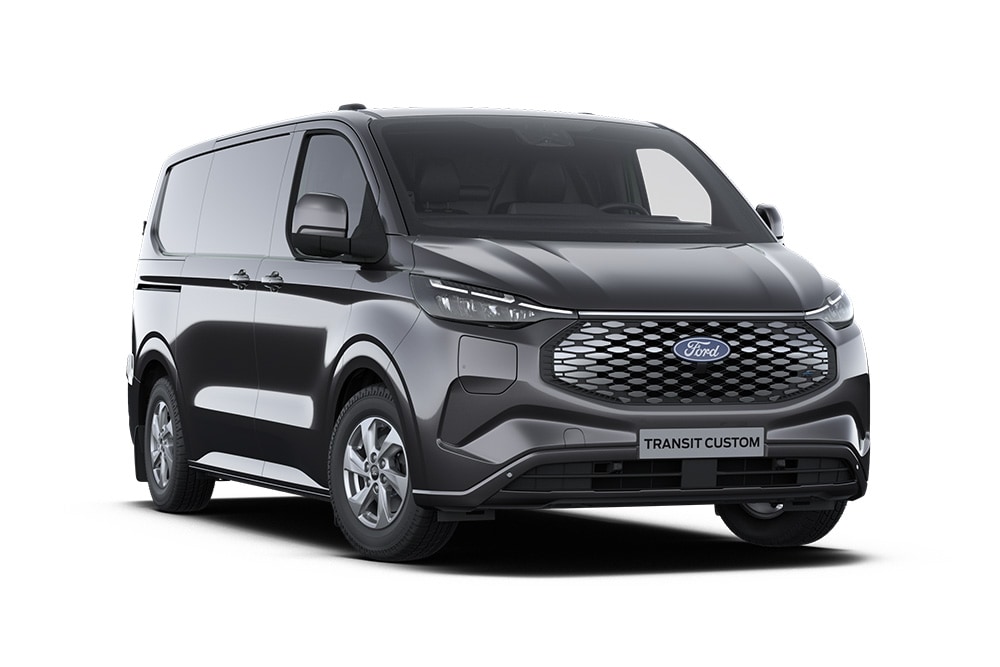Ford E-Transit Custom Limited cinzento-escuro, vista da parte dianteira.