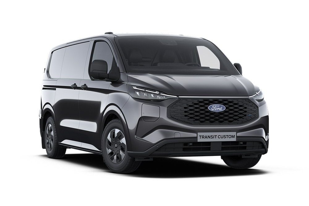 Ford E-Transit Custom Trend cinzento-escuro, vista da parte dianteira.