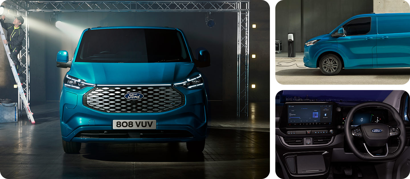 Ford E-Transit Custom azul, vista da parte dianteira.