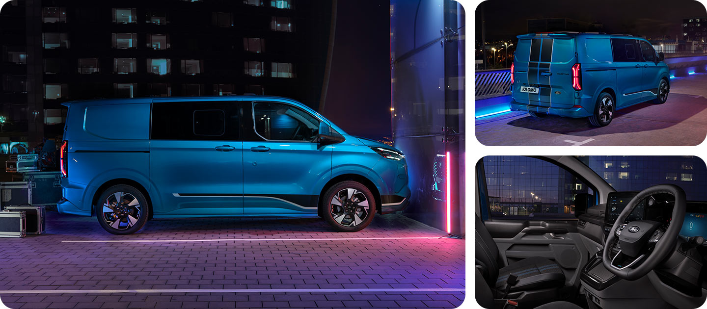 Ford E-Transit Custom azul, vista da parte lateral à noite.