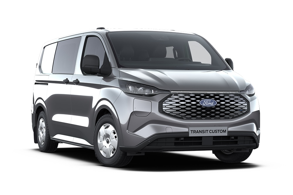 Ford E-Transit Custom Trend cinzento-escuro, vista da parte dianteira.