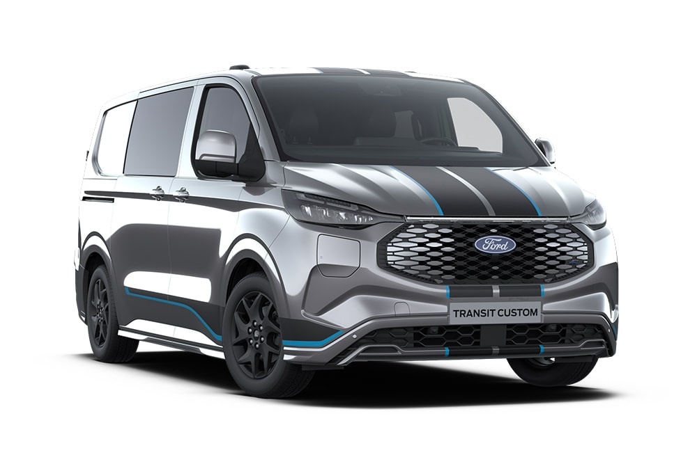 Ford E-Transit Custom Sport cinzento-escuro, vista da parte dianteira.