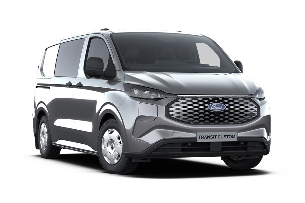 Ford E-Transit Custom Trend Multicab cinzento-escuro, vista da parte dianteira.