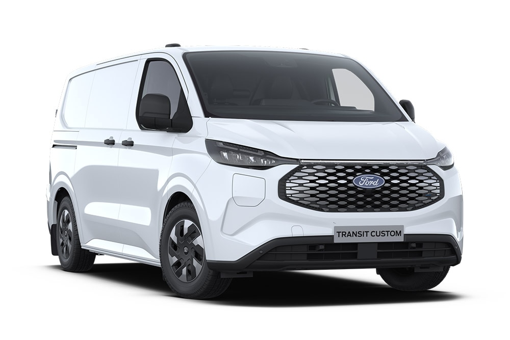 Ford E-Transit Custom branca, vista da parte dianteira.