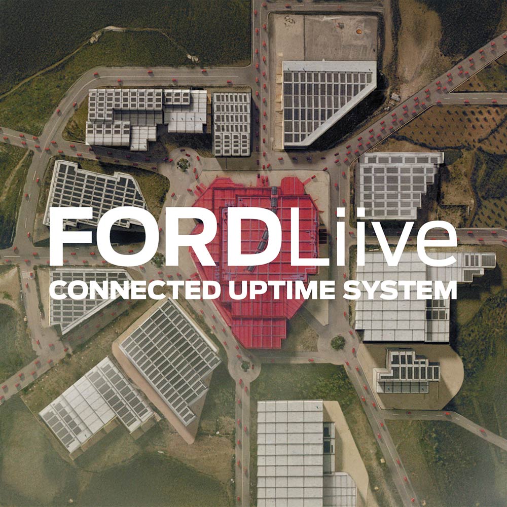 Vista aérea de uma instalação da Ford com o logótipo FordLiive.