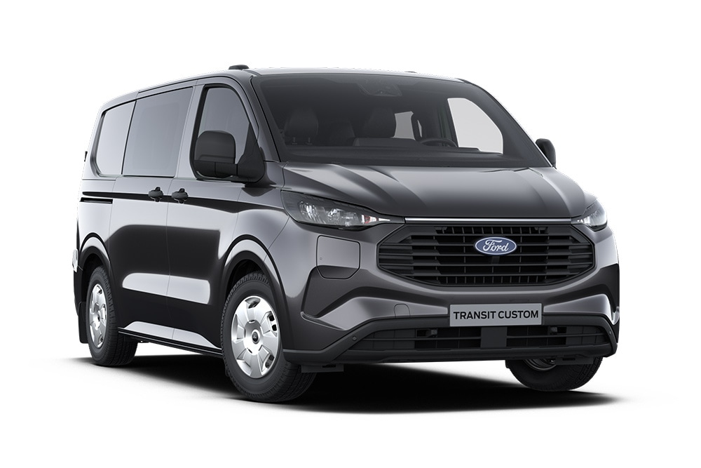 Furgão Ford Transit Custom Trend cinzento-escuro, vista da parte dianteira.
