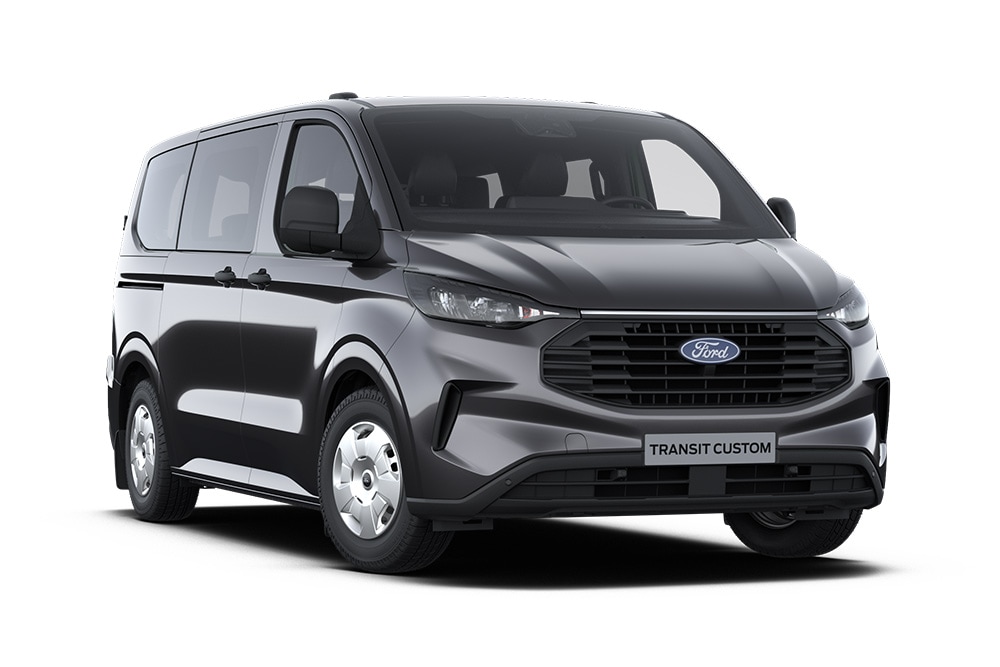 Furgão Ford Transit Custom Trend cinzento-escuro, vista da parte dianteira.