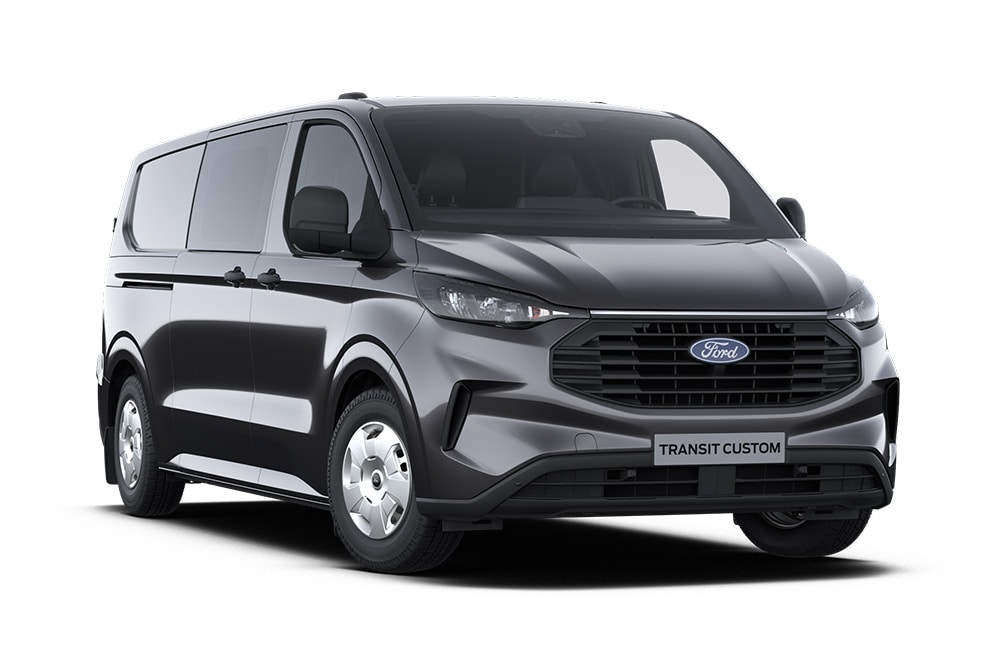 Furgão Ford Transit Custom Trend cinzento-escuro, vista da parte dianteira.