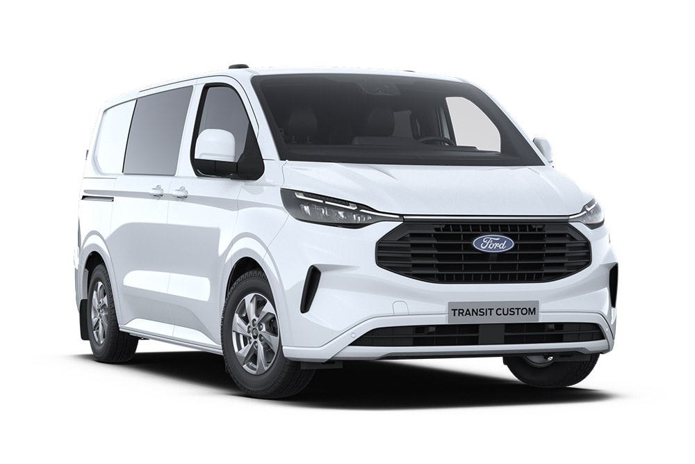 Furgão de cabina dupla Ford Transit Custom branco.