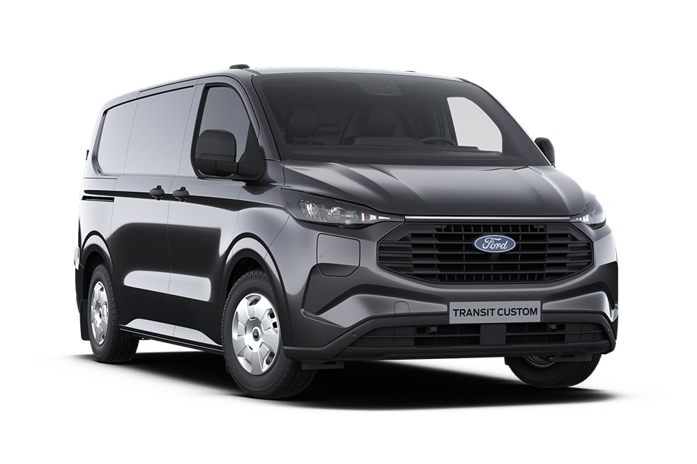 Furgão Ford Transit Custom Trend cinzento-escuro, vista da parte dianteira.