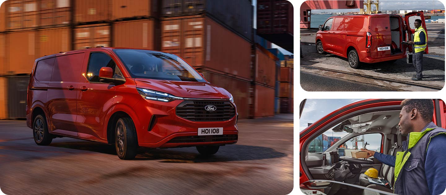 Furgão Ford Transit Custom vermelho a circular num estaleiro. 