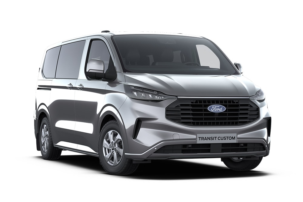 Furgão Ford Transit Custom Limited cinzento-escuro, vista da parte dianteira.