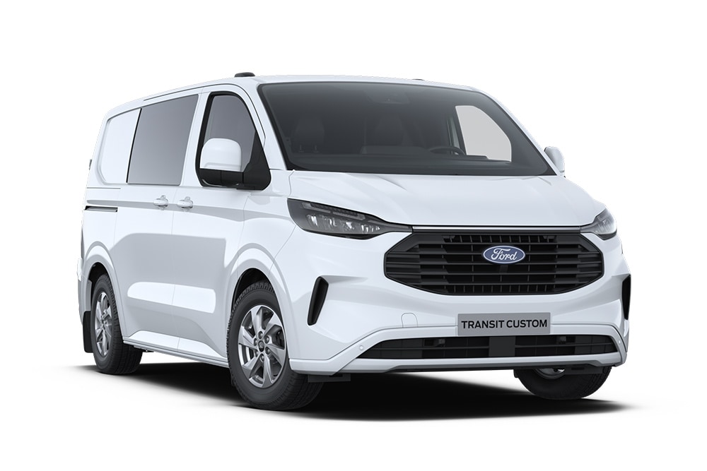 Furgão de cabina dupla Ford Transit Custom branco.