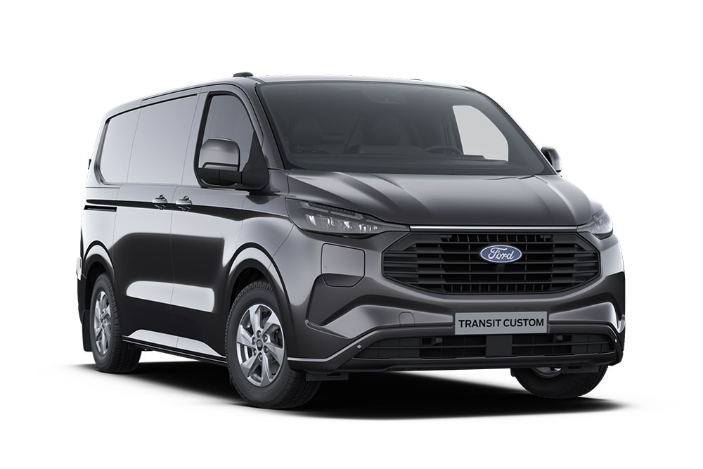 Furgão Ford Transit Custom Limited cinzento-escuro, vista da parte dianteira.