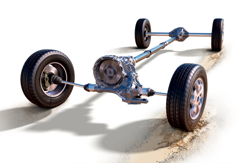 Chassis e rodas com tração às quatro rodas. 