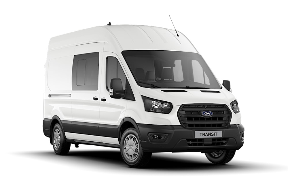 Carrinha de cabina dupla Ford Transit da série Trend em branco.
