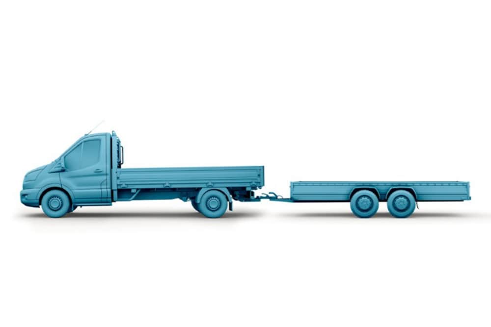 Esboço em azul de uma Ford Transit Chassis Cabina com reboque acoplado. 