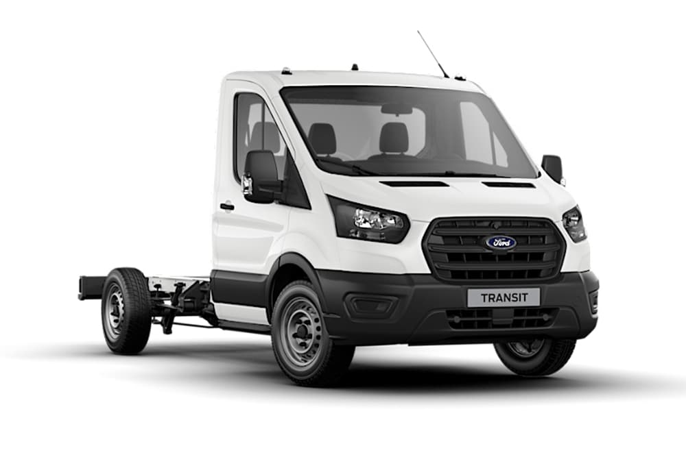 Carrinha Ford Transit Chassis Cabina Simples Base branca sobre fundo branco.