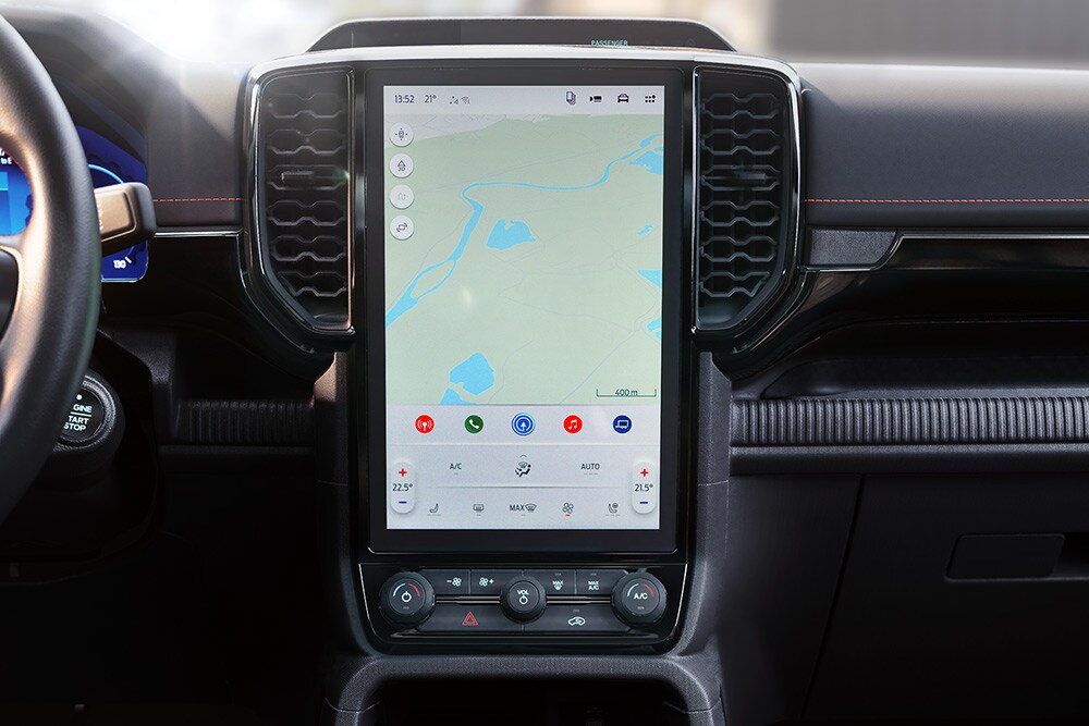 Grande plano do ecrã tátil central SYNC™ 4 de 12 polegadas da Ford Ranger.