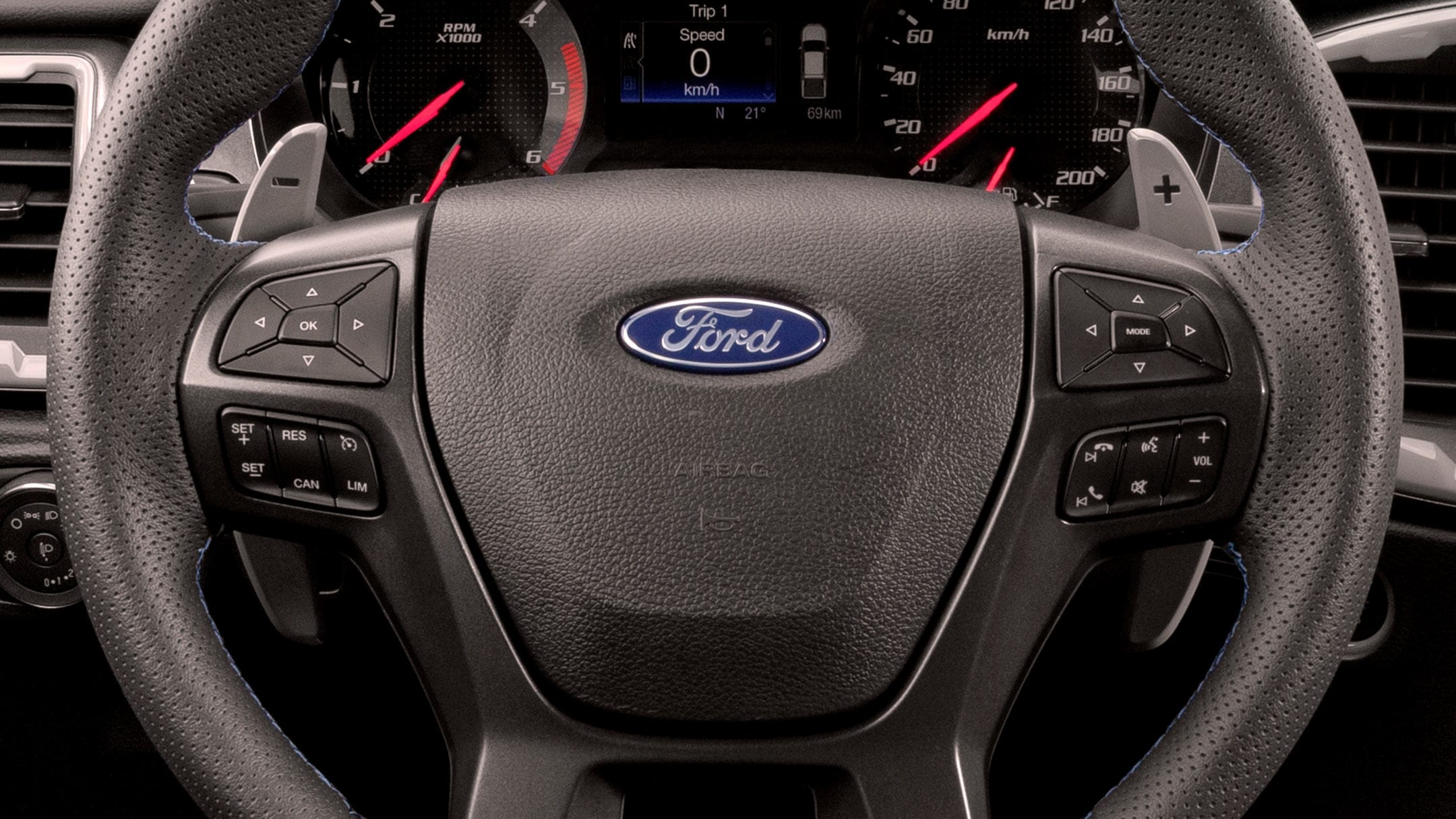 Ford Ranger interior with steering wheel and close up on Paddle shifters