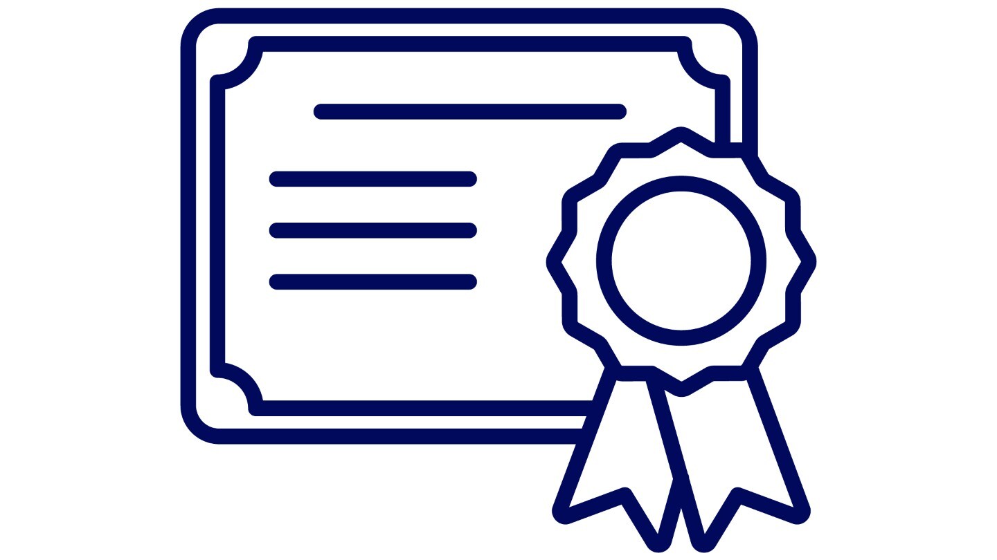 Icon depicting a certificate with a ribbon, labelled "QUALITY”